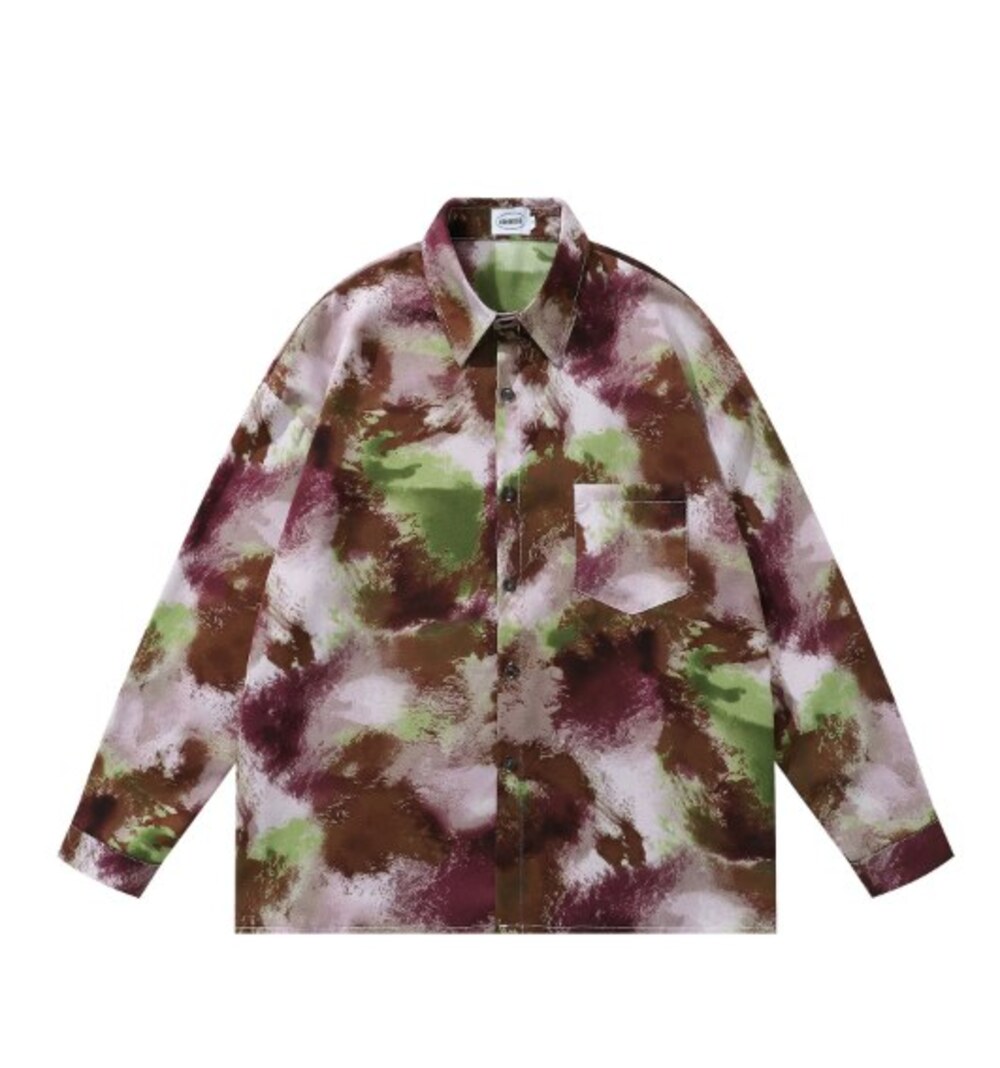 Brown Green Tie Dye Print Long Sleeve Shirt